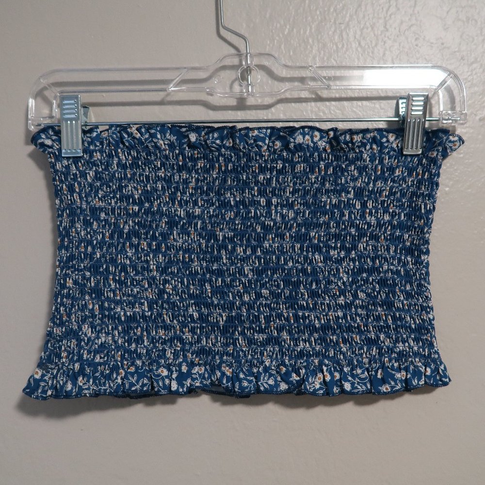 Blue Ruched Floral Tube Top